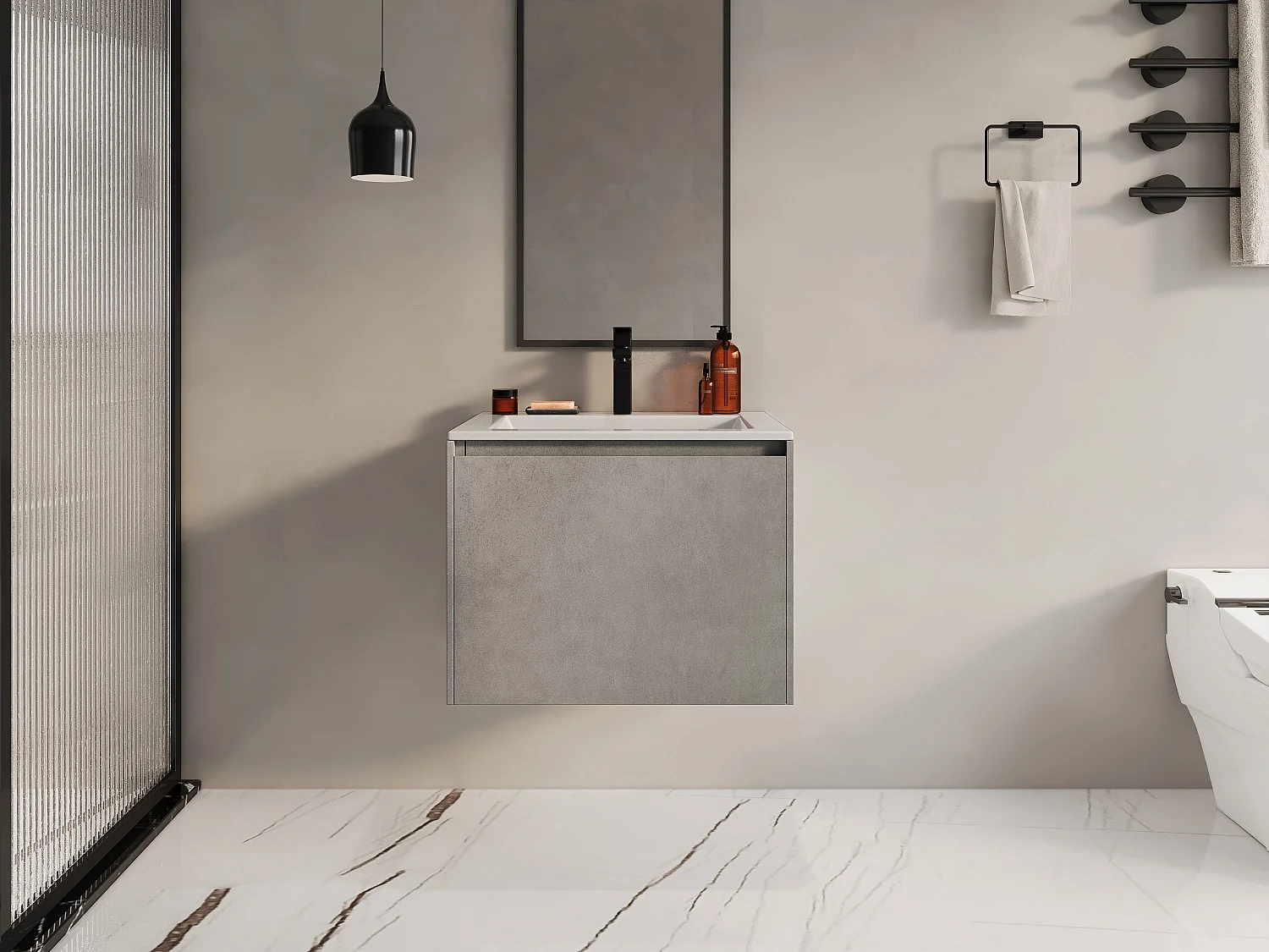 Waschbeckenunterschrank hängend - 60 cm - Betongrau - SOSTHENE