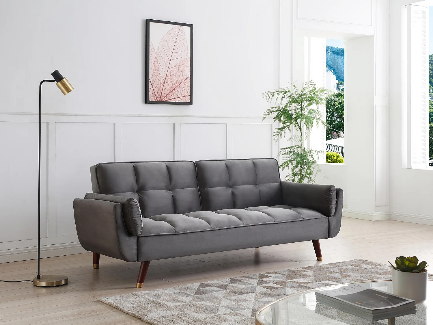 Canapé 3 places convertible clic-clac en velours gris GULCAN