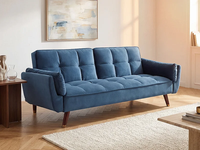 Driezitsslaapbank van blauw velours GULCAN