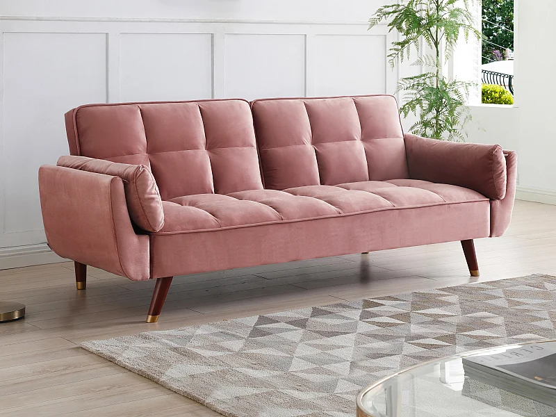Canapé 3 places convertible clic-clac en velours rose GULCAN