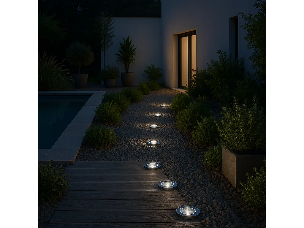 Lot de 8 spots solaires ronds DECKY Argent Acier inoxydable D12cm