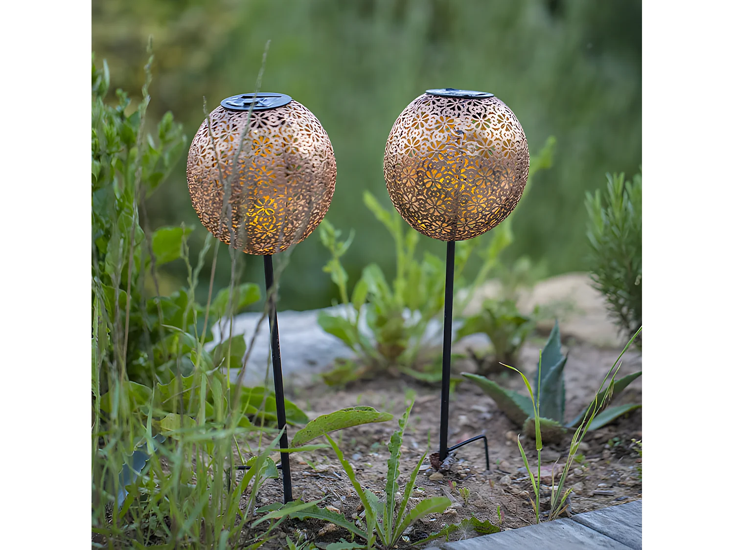 Lot de 2 balises solaires orientales AGADIR Cuivre Acier H45cm