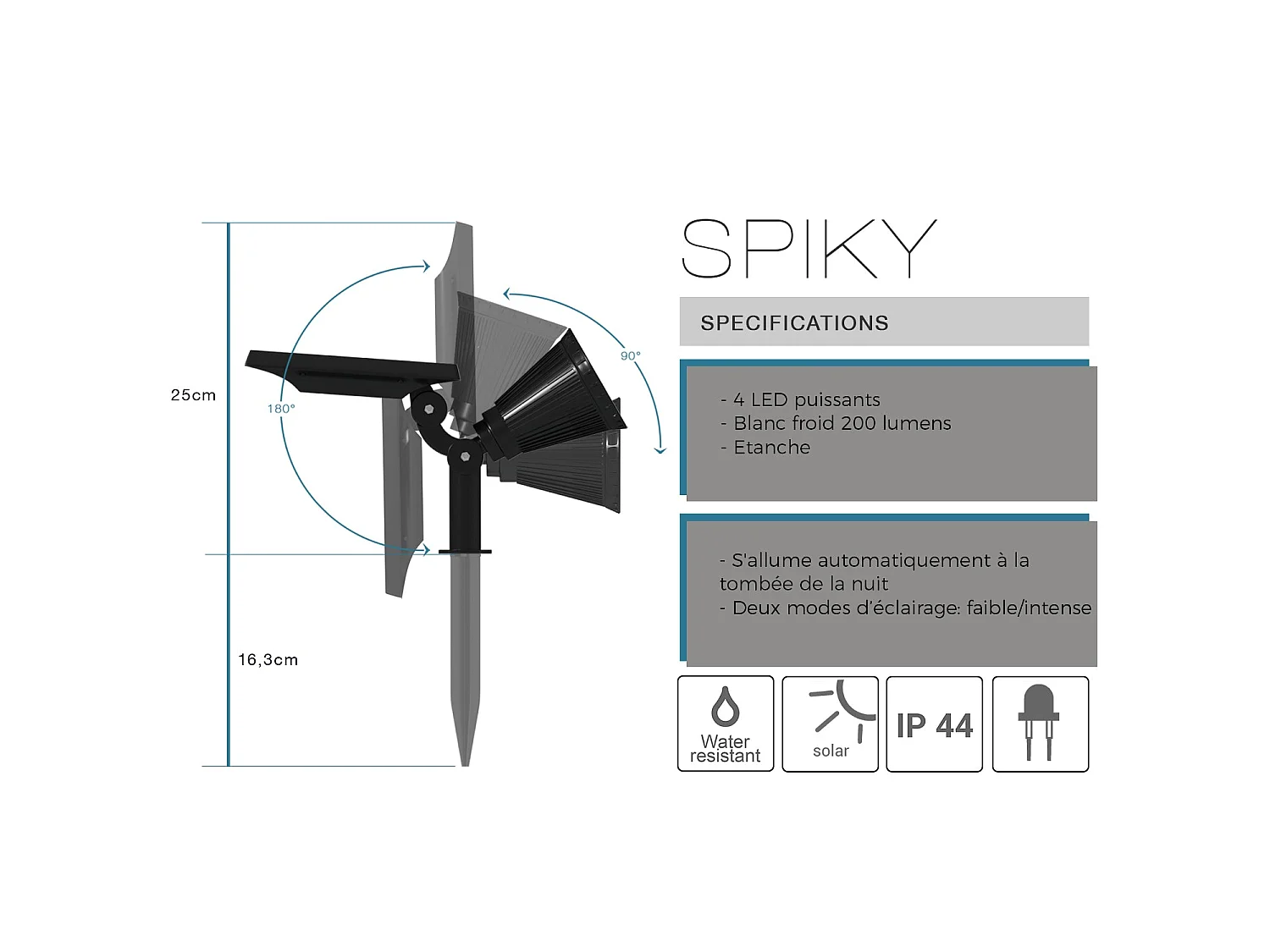 Spot solaire projecteur SPIKY Blanc froid 100LM