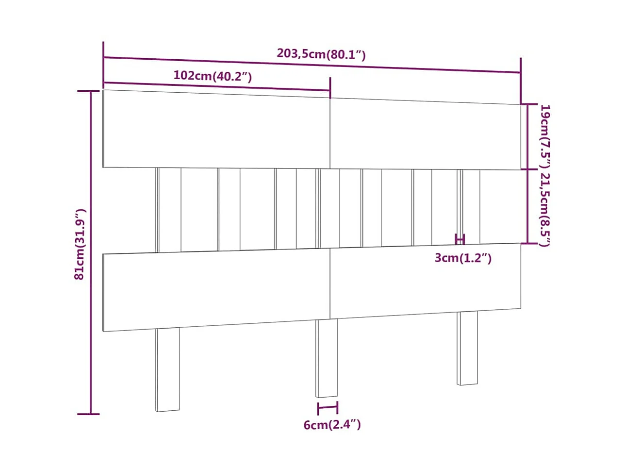 Tête de lit Gris 203,5x3x81 cm Bois massif de pin