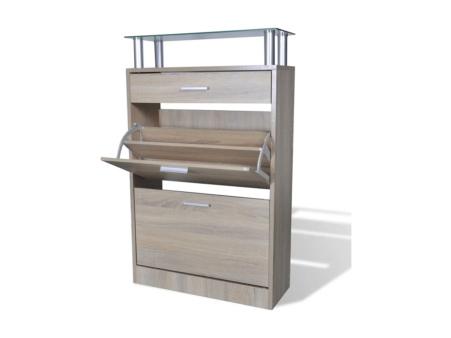 Schoenenkast met lade en glazen blad Hout Eiken look