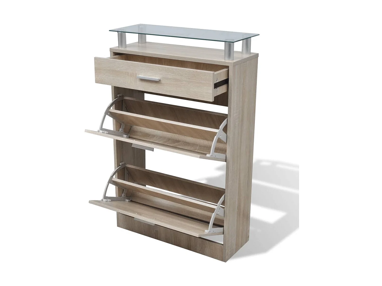 Schoenenkast met lade en glazen blad Hout Eiken look