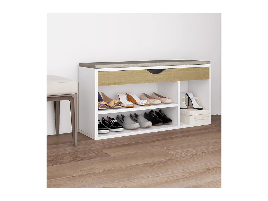 Banc à chaussures coussin Blanc et chêne 104x30x49 cm Aggloméré