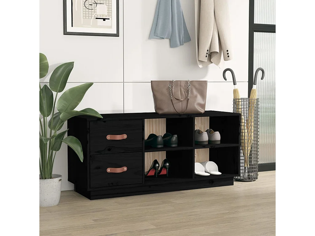 Banco zapatero Negro 100x34x45 cm Madera maciza de pino