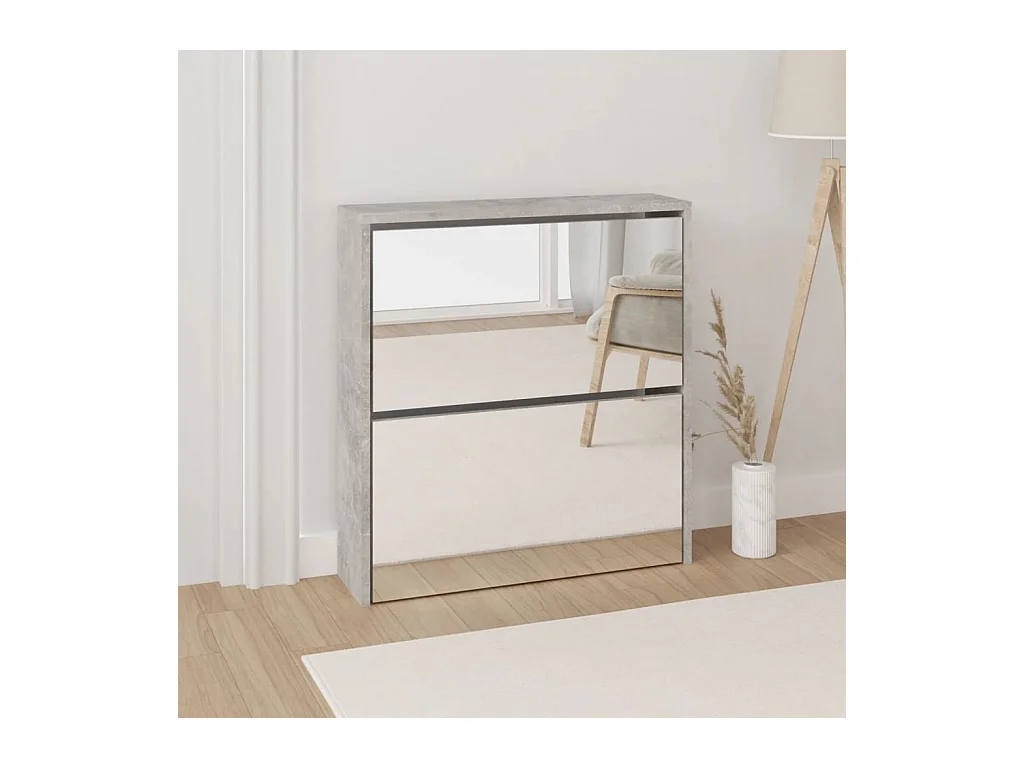 Armoire à chaussures et miroir 2 niveaux Gris béton 63x17x67 cm