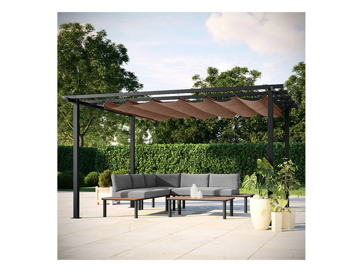 Tonnelle/Pergola en aluminium 3x4m toile coulissante rétractable - anthracite taupe - HAVANA