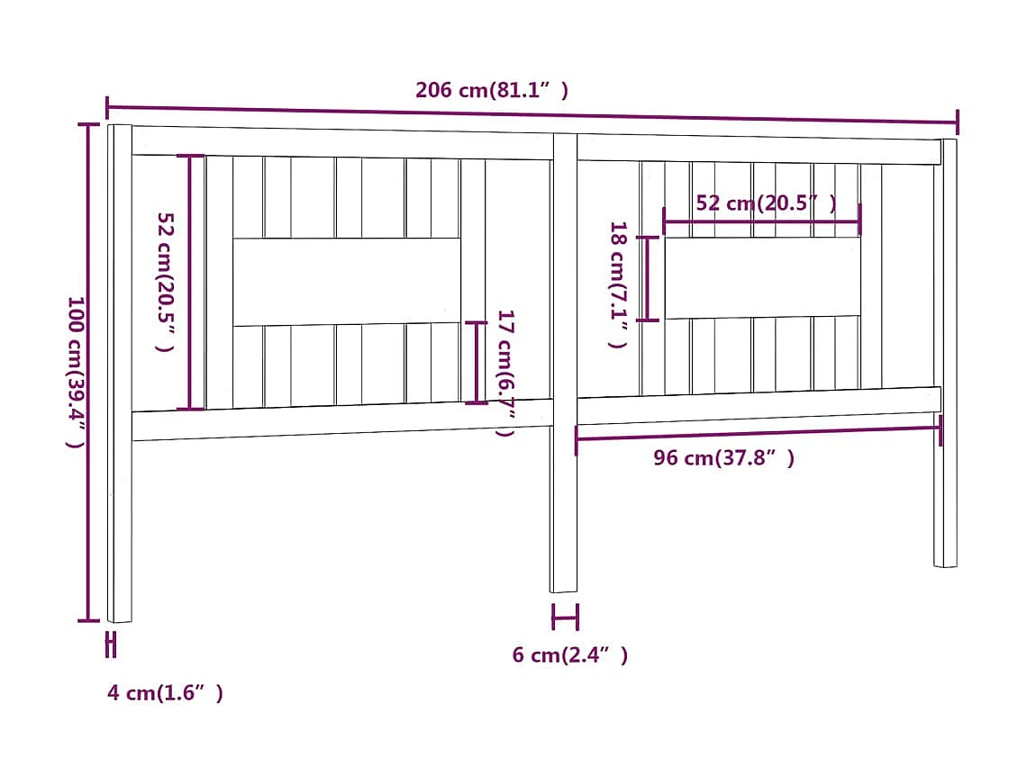 Testiera Nera 206x4x100 cm Legno di pino massiccio
