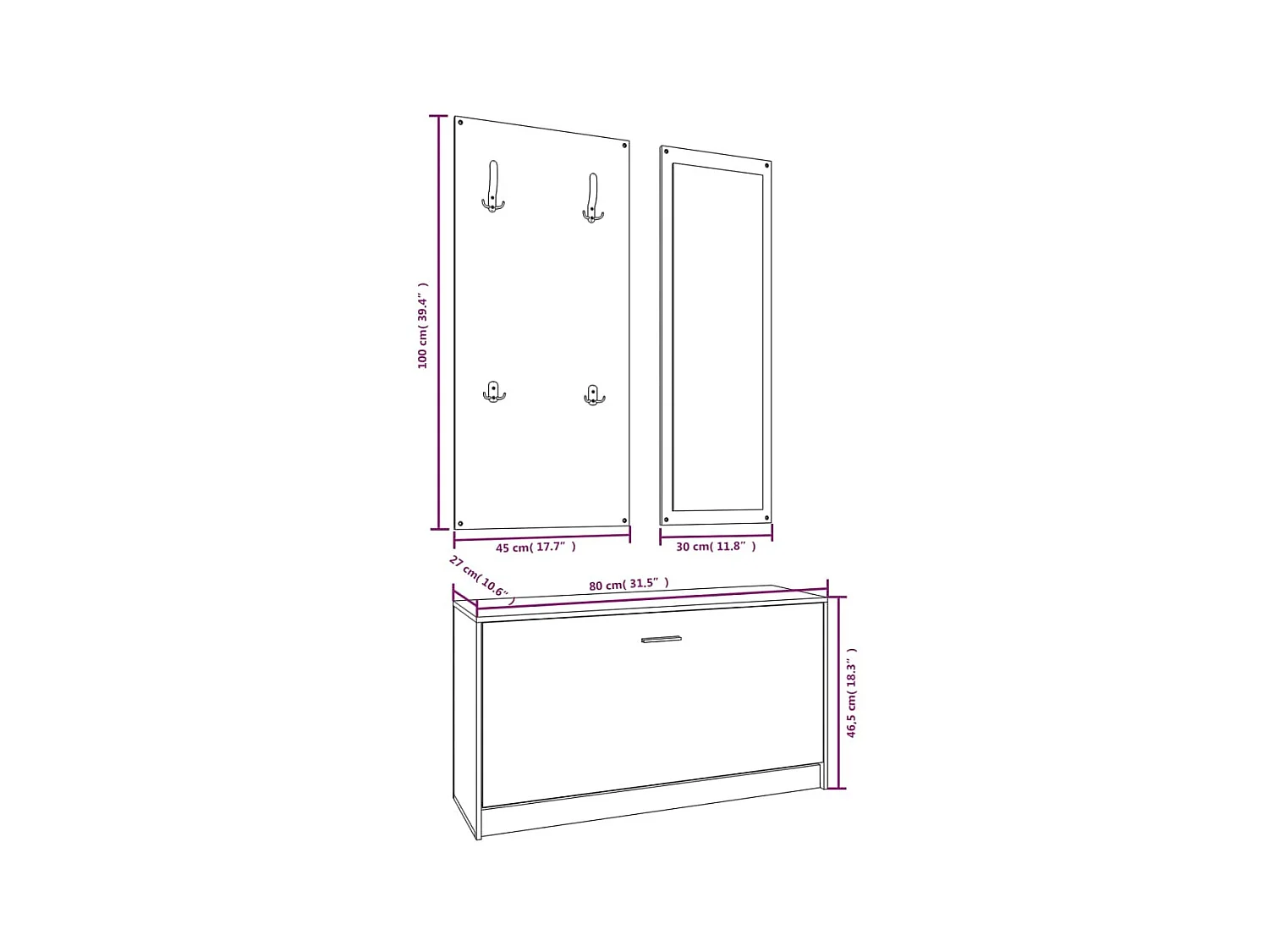 3-in-1 schoenenkastset van wit parket