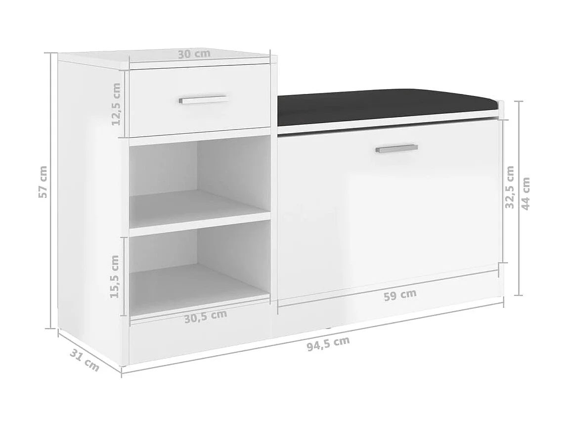 Banc à chaussures Blanc brillant 94,5x31x57 cm Aggloméré