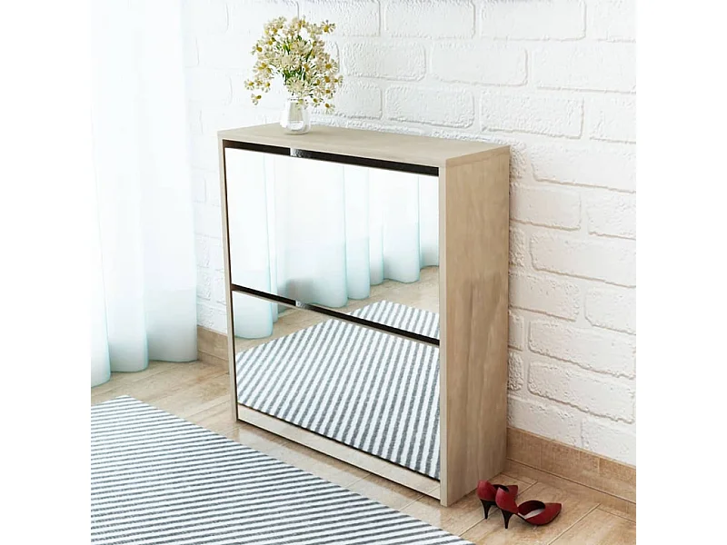 Zapatero de 2 niveles con espejo 63 x 17 x 67 cm Roble