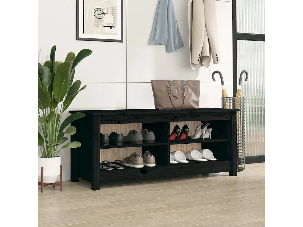 Panca per scarpe Nera 110x38x45,5 cm Legno di pino massiccio