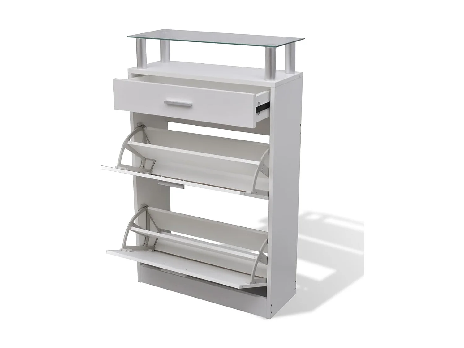 Scarpiera con cassetto e piano in vetro White Wood