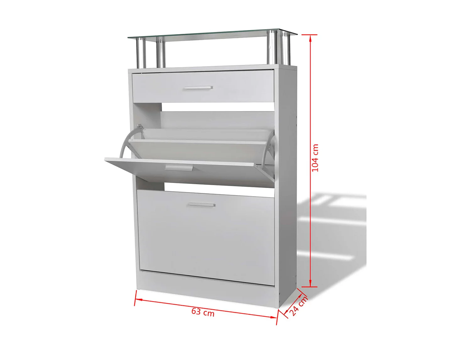 Scarpiera con cassetto e piano in vetro White Wood