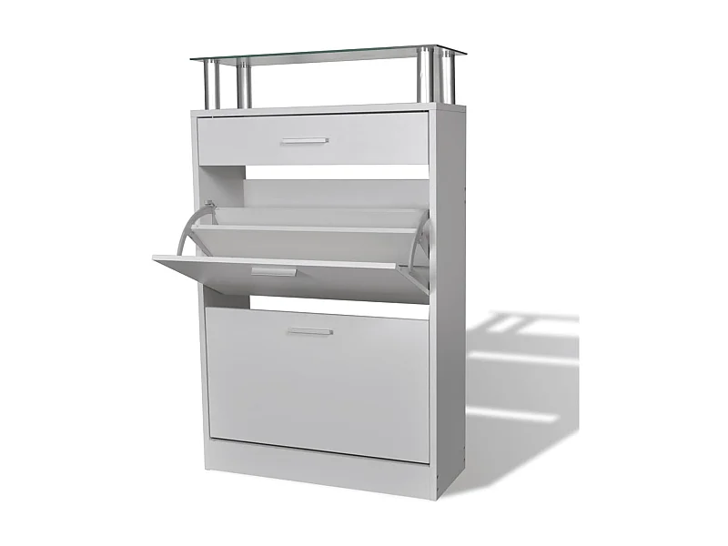 Scarpiera con cassetto e piano in vetro White Wood