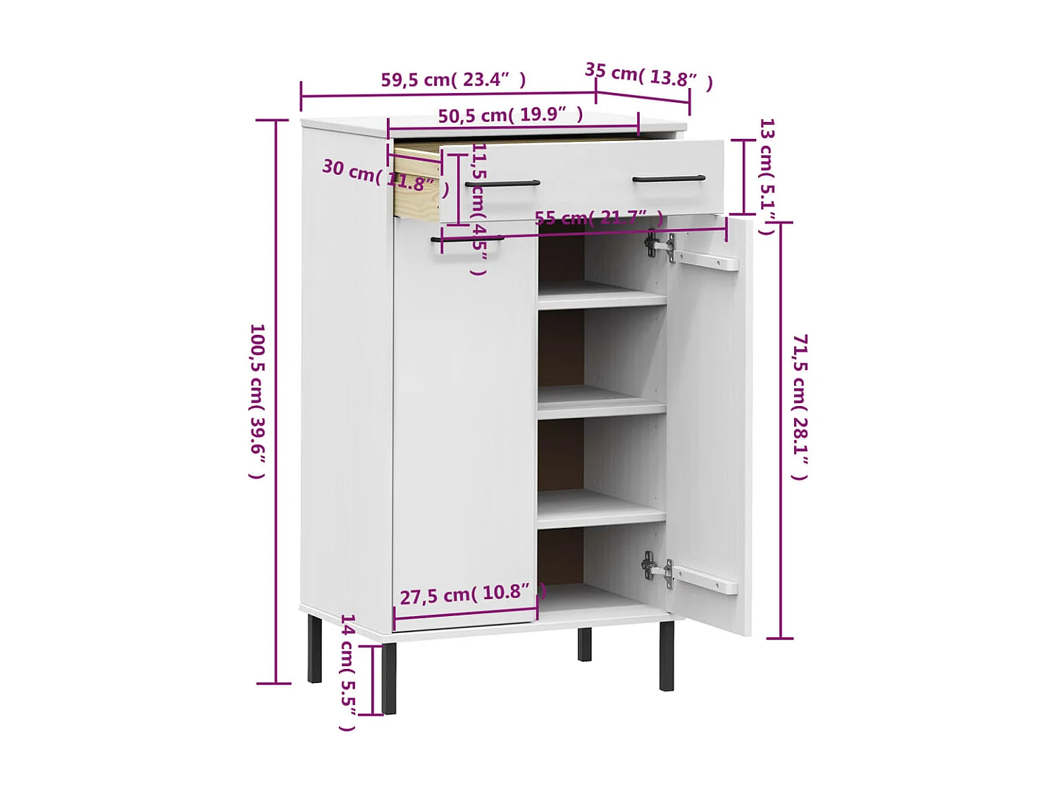 scarpiera e piedini in metallo Legno di Pino Bianco OSLO