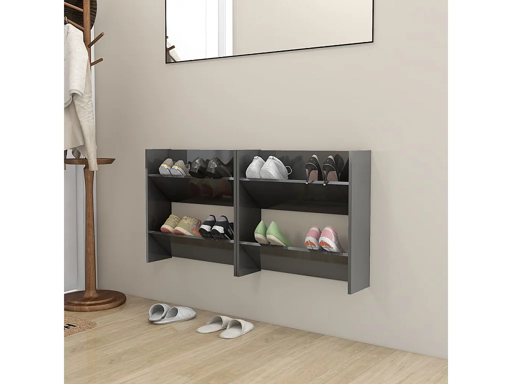 Armoires à chaussures murales 2 pcs Gris brillant 60x18x60 cm