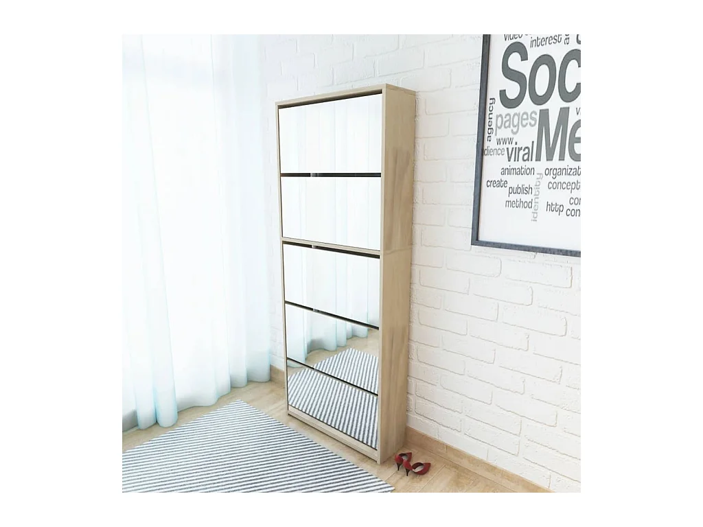 Schuhschrank mit 5 Regalen und Spiegel 63x17x169,5 cm Eiche