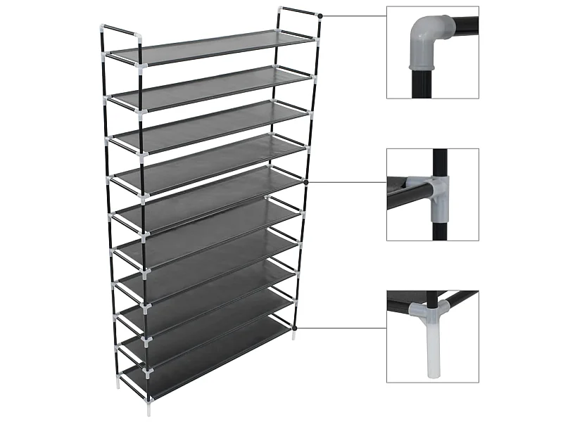 Schoenenrek met 10 planken Metaal en zwarte non-woven stof