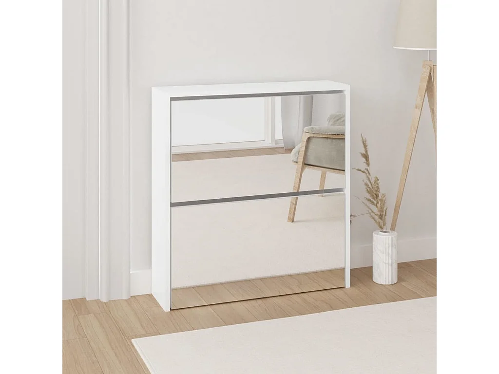 Schoenenkast met spiegel 2 niveaus Glanzend wit 63x17x67cm