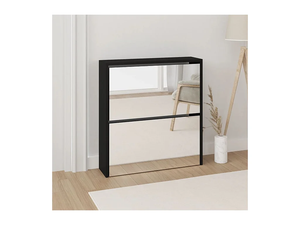 Armoire à chaussures avec miroir à 2 niveaux Noir 63x17x67 cm