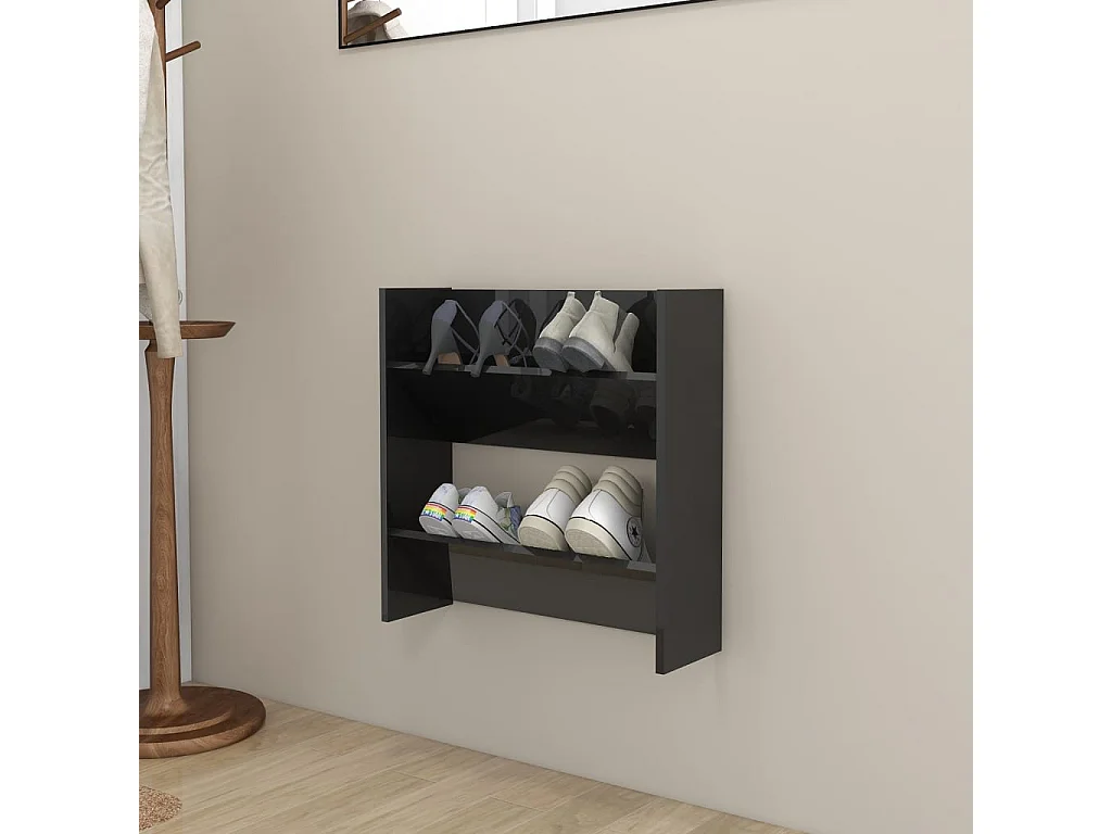 Scarpiera da parete Nero lucido 60x18x60 cm Truciolare