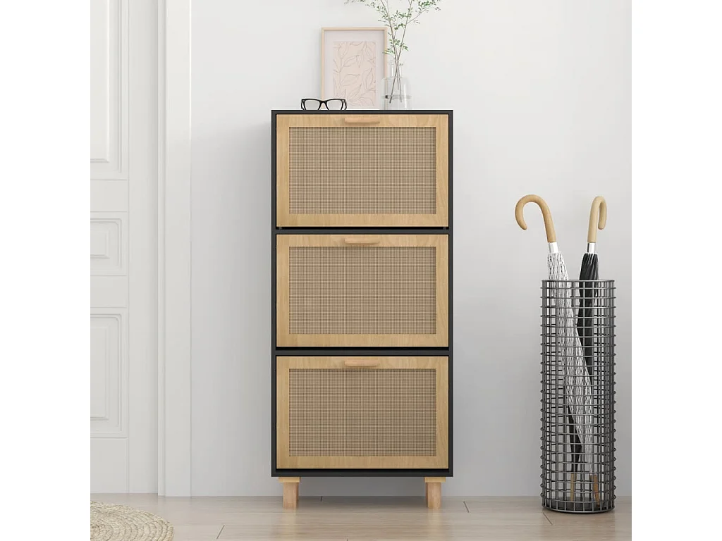 Sapateira preta 52x25x115 cm madeira trabalhada/rattan