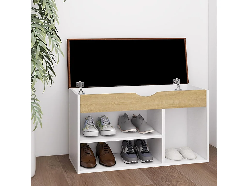 Banc à chaussures coussin Blanc et chêne 80x30x47 cm Aggloméré