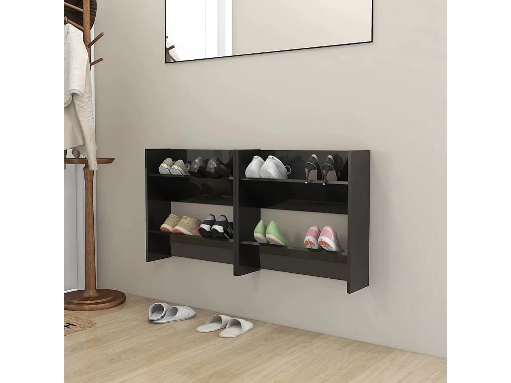 Armoires à chaussures murales 2 pcs Noir brillant 60x18x60 cm