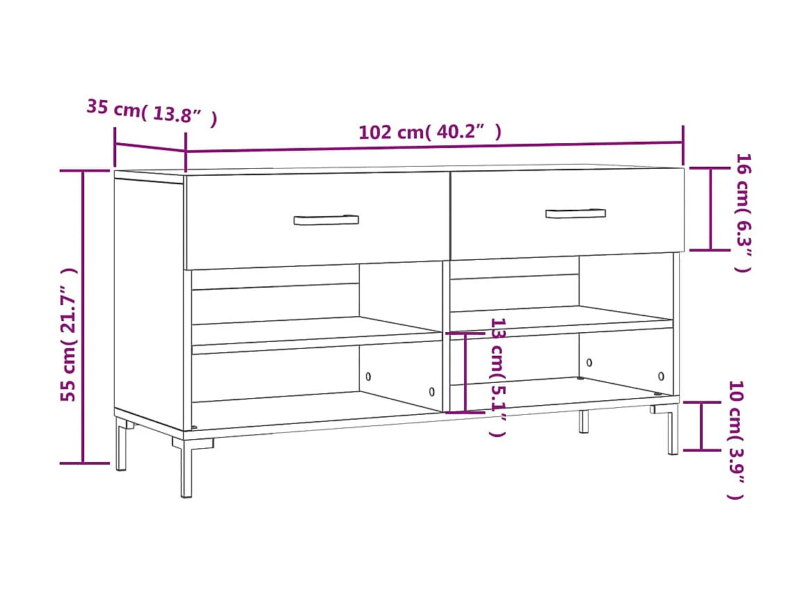 Banc à chaussures chêne sonoma 102x35x55 cm bois d'ingénierie