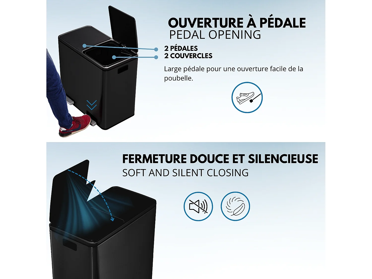 Poubelle de cuisine tri sélectif MAJOR Noir Acier inoxydable 60L