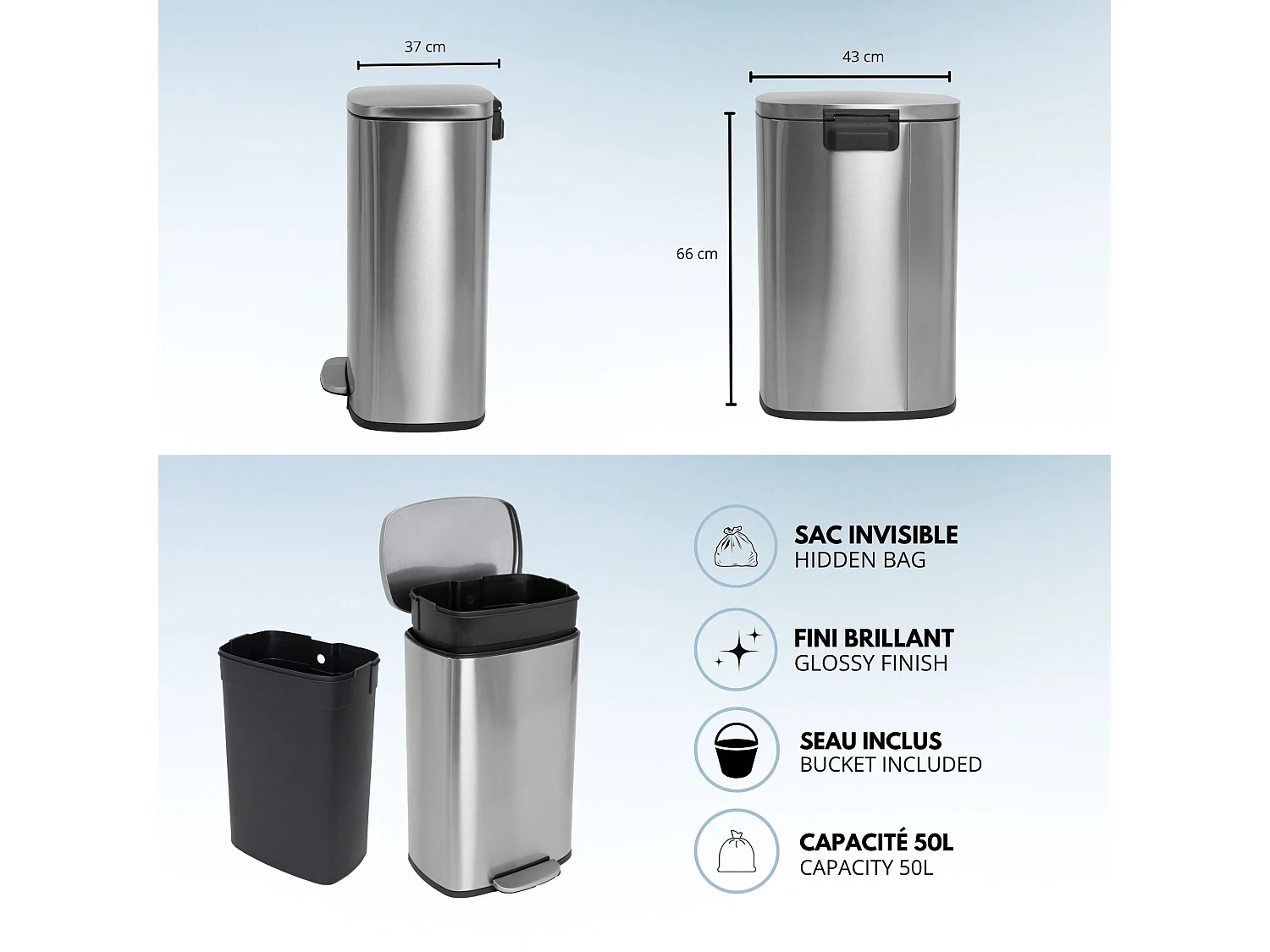 Poubelle de cuisine à pédale ADMIRAL Argent Acier inoxydable 50L