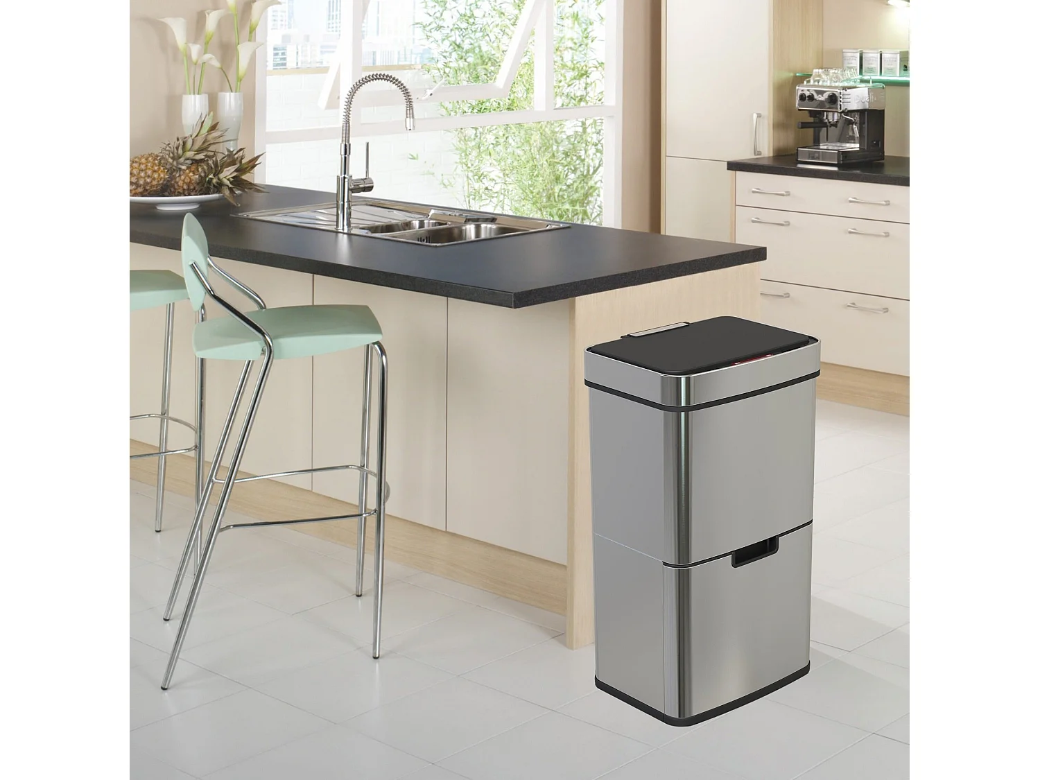 Poubelle de cuisine tri sélectif NARVIK Argent Acier inoxydable 75L