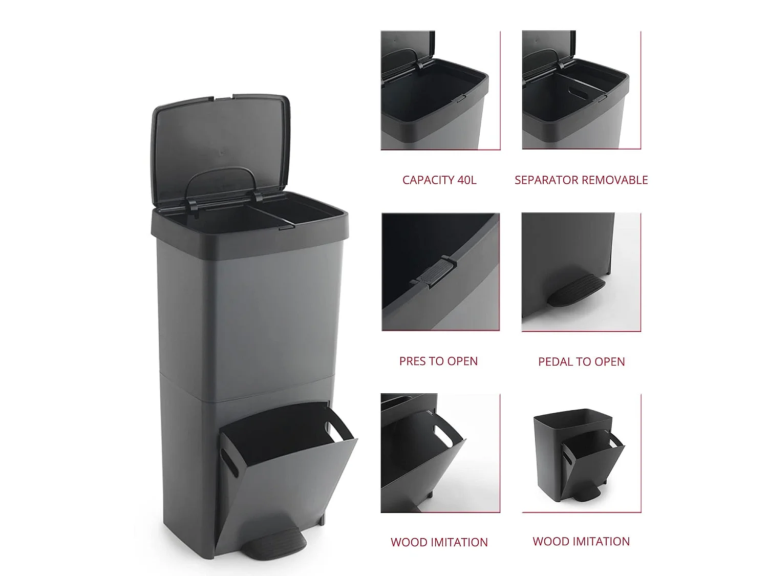 Poubelle de cuisine tri sélectif PICEA Gris Plastique 70L