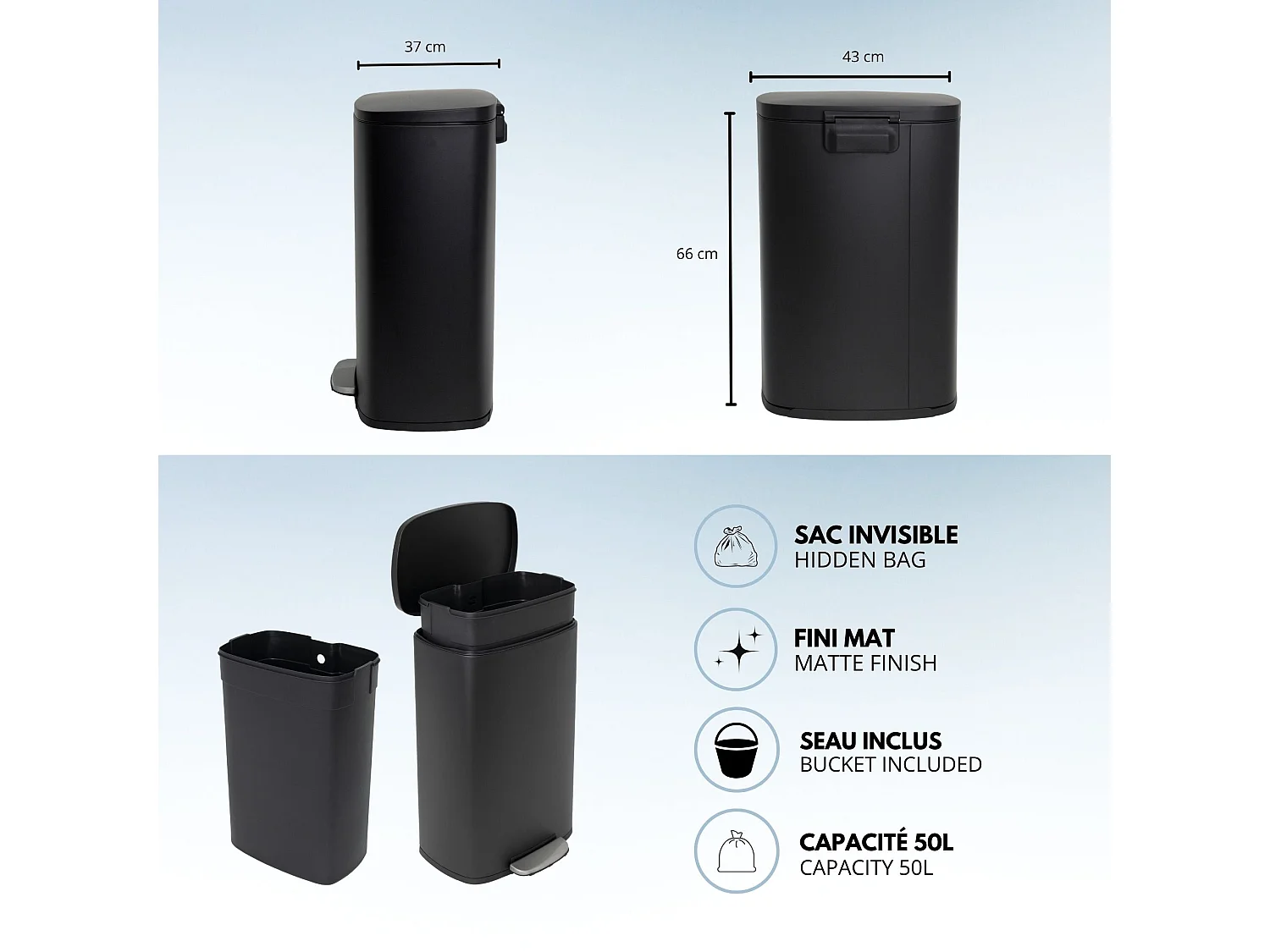 Poubelle à pédale inox ADMIRAL noir 50L