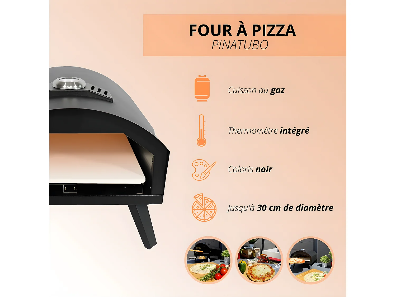 Four à pizza à gaz extérieur avec pelle PINATUBO Noir Acier L51xl41cm