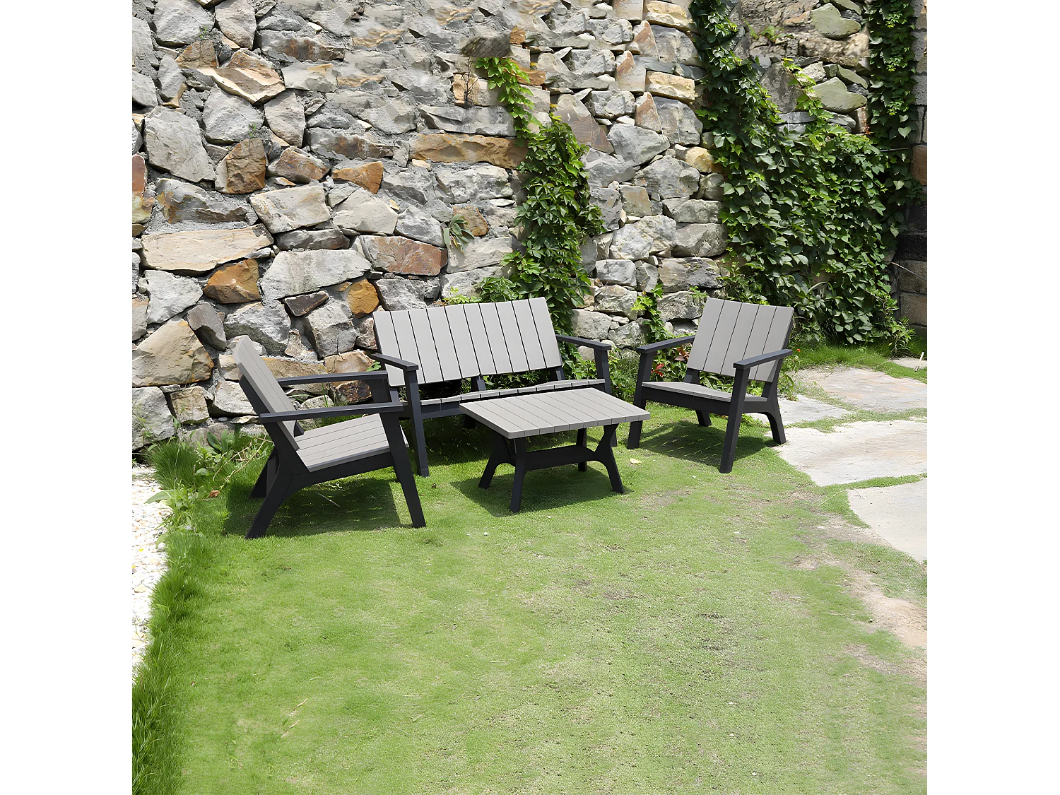 Salon de jardin 4 places résine injectée CANCUN gris et noir