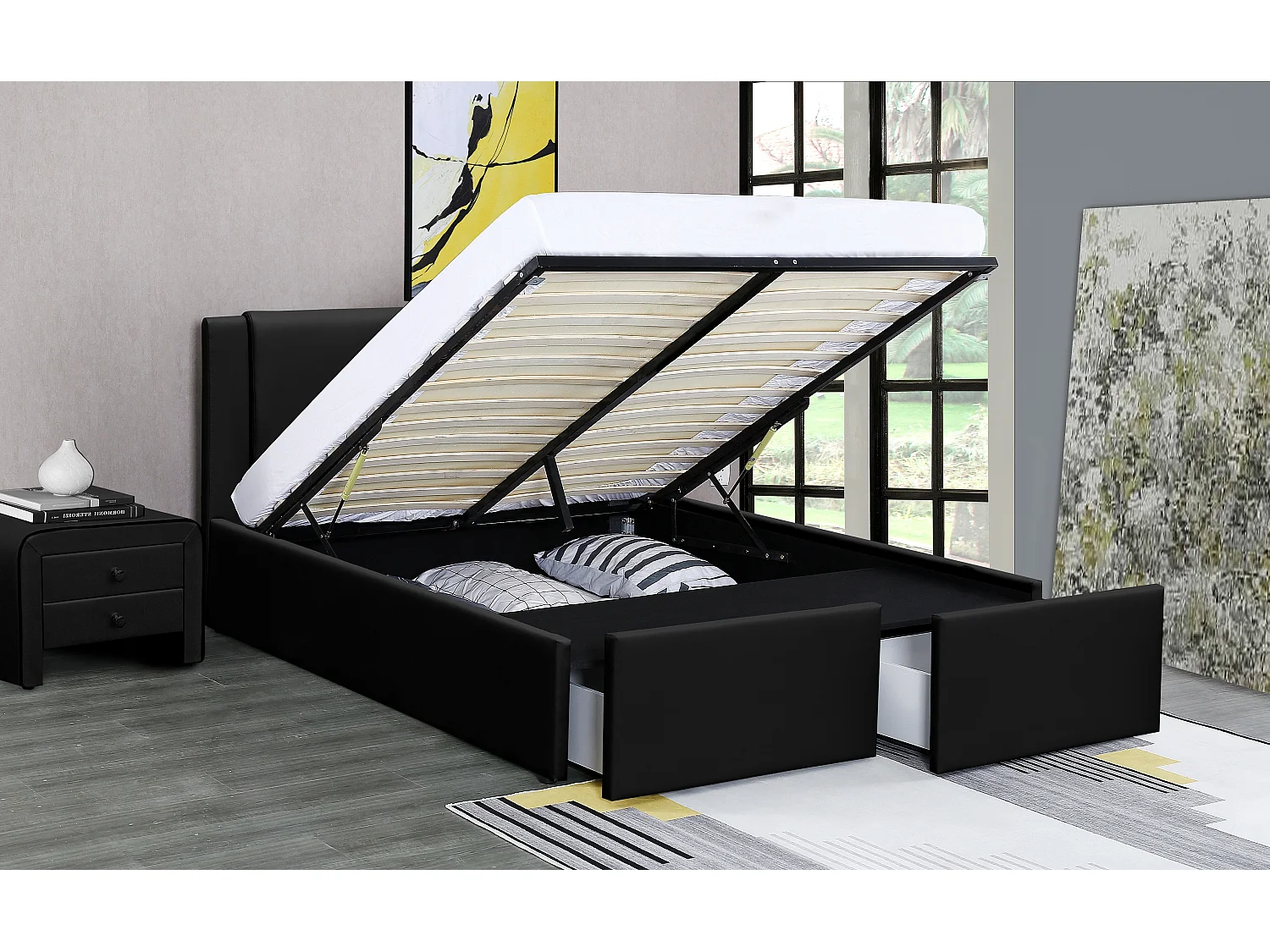 Lit Floki Coffre Pu Noir 160x200 cm 2 Tiroirs