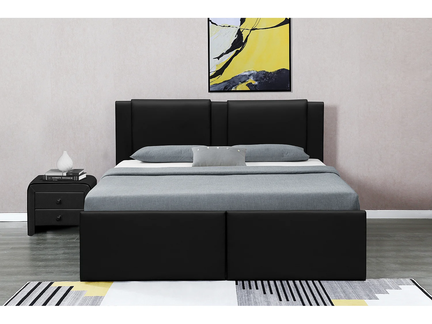 Lit Floki Coffre Pu Noir 160x200 cm 2 Tiroirs