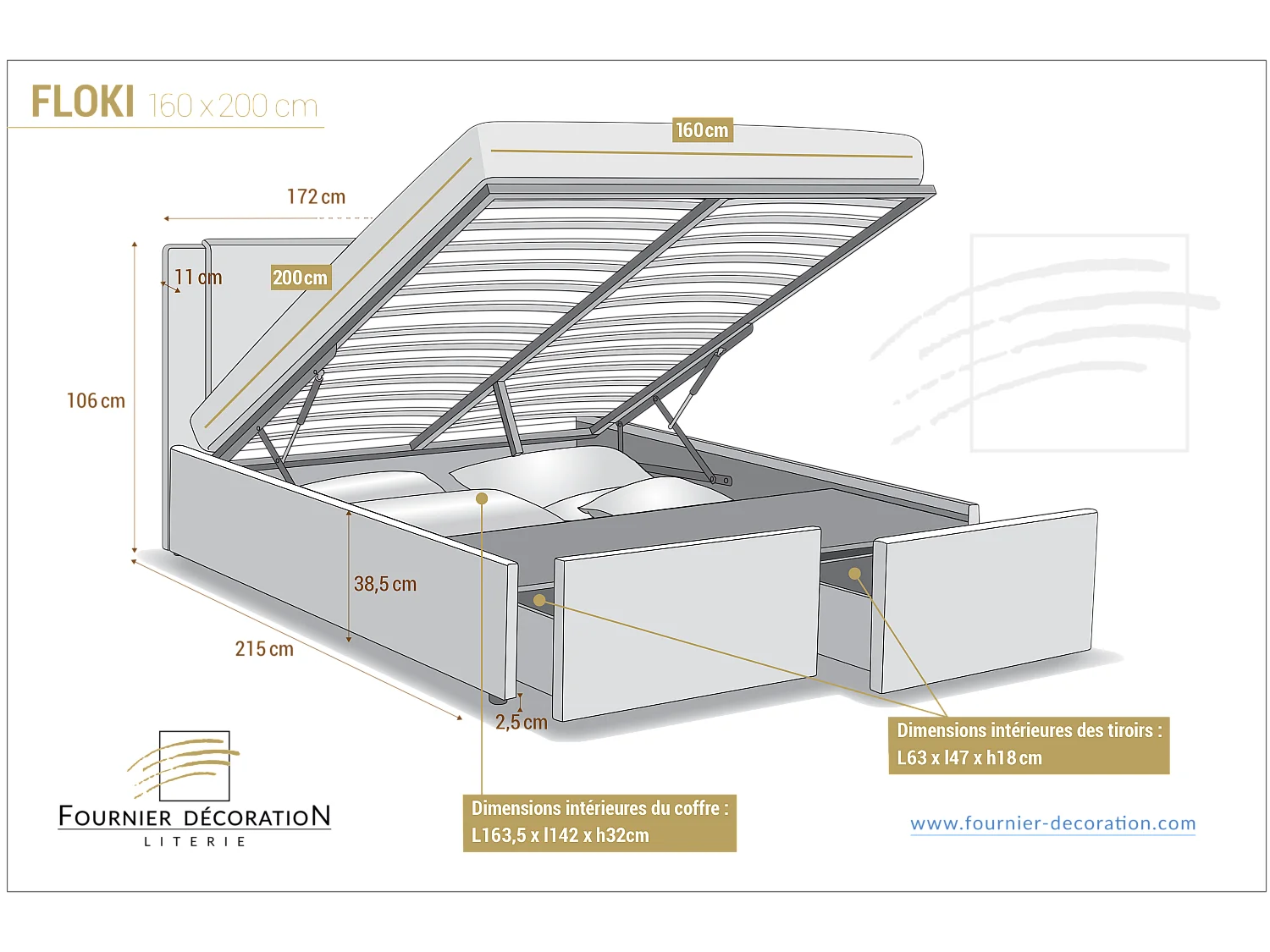 Lit Floki Coffre Pu Noir 160x200 cm 2 Tiroirs
