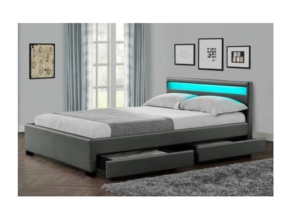 Lit à led avec 4 tiroirs simili cuir Denvers-Couleur Gris-160x200