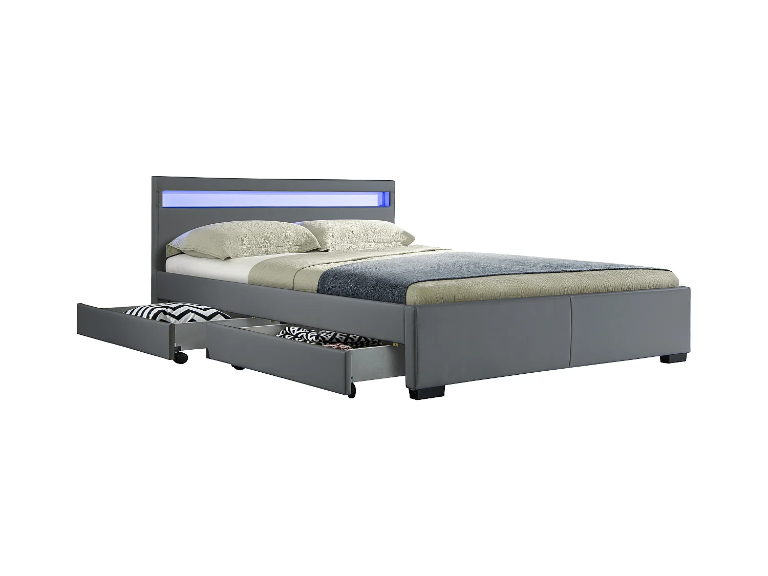 Lit Drawer PU Gris 160x200 cm + LED & 4 tiroirs