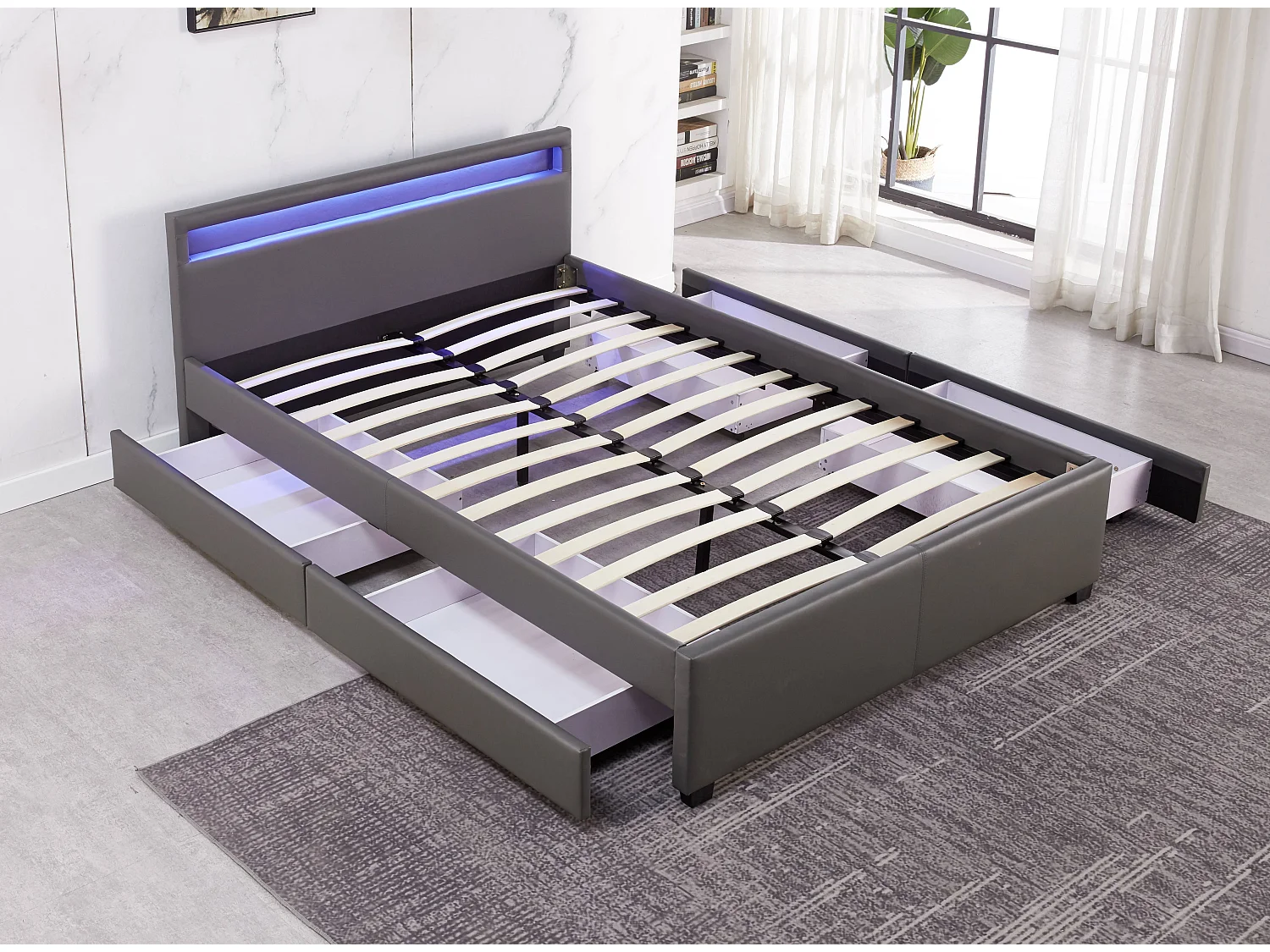 Lit à led avec 4 tiroirs simili cuir Denvers-Couleur Gris-160x200