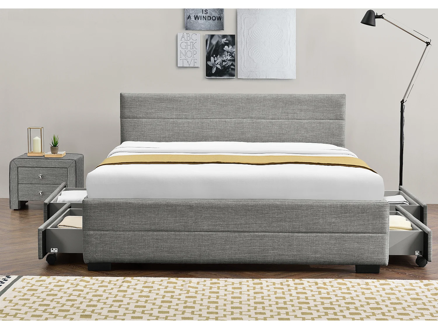 Lit Ivar lin Gris souris 140x190 cm 4 tiroirs