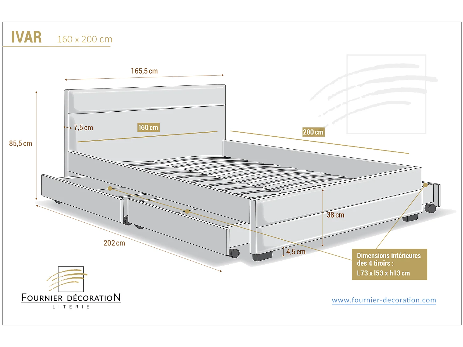 Lit Ivar lin Gris souris 140x190 cm 4 tiroirs
