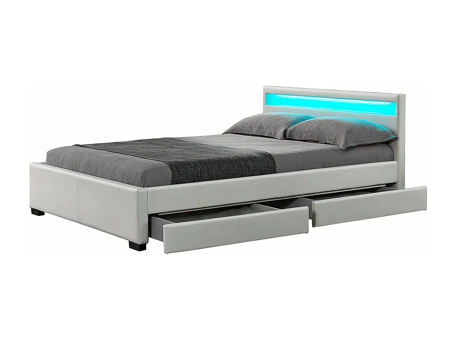 Lit à led avec 4 tiroirs simili cuir Denvers-Couleur Blanc-140x190