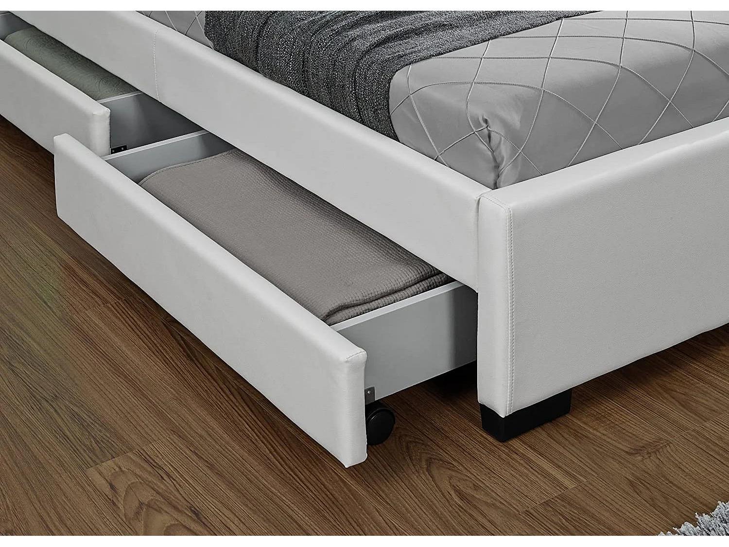 Lit à led avec 4 tiroirs simili cuir Denvers-Couleur Blanc-140x190